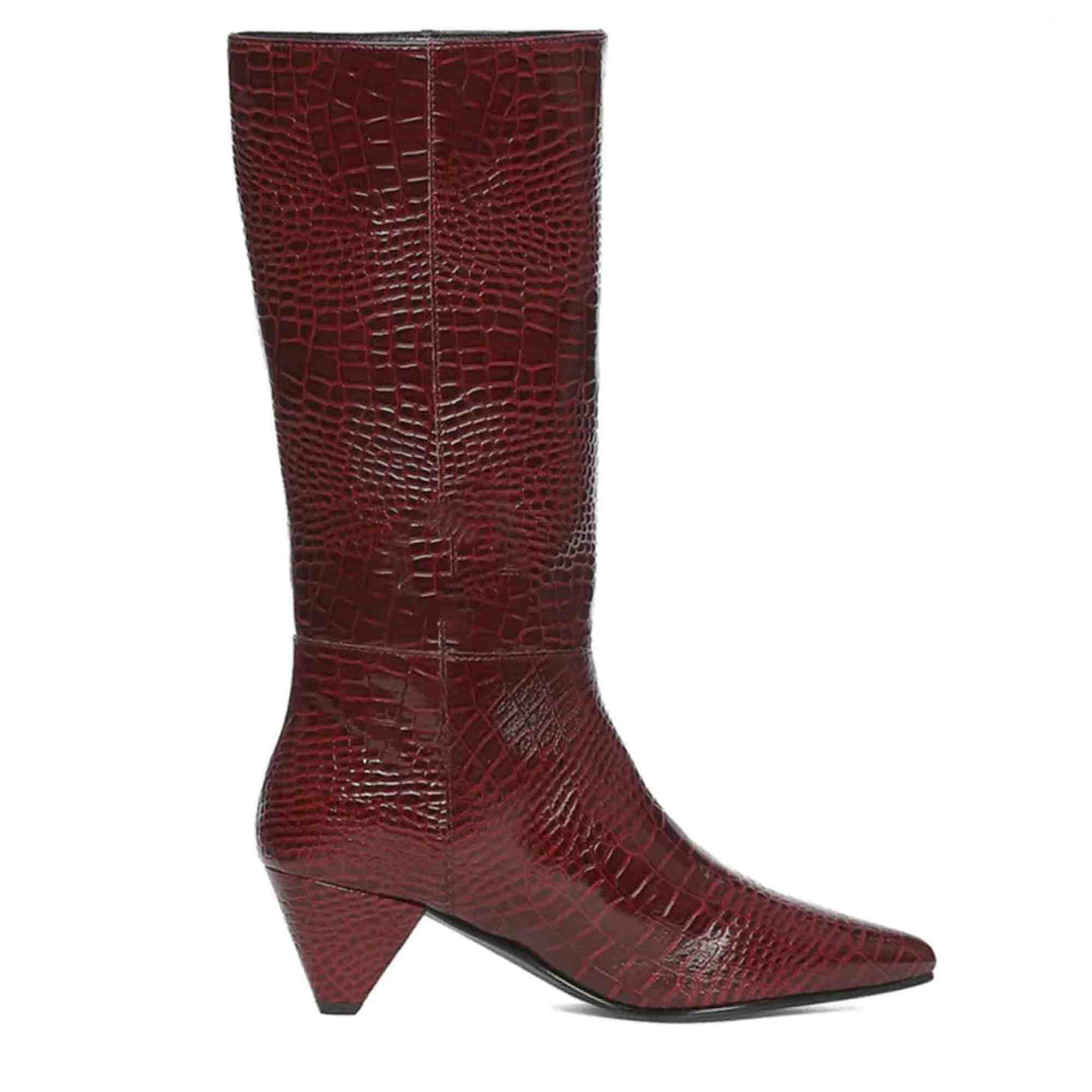 Croco Embossed Burgundy Calf Length Boots for women