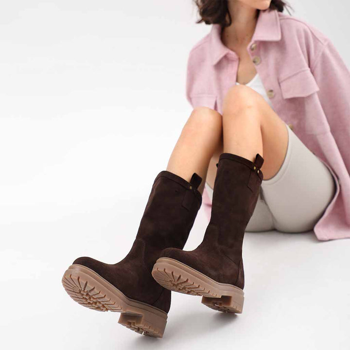 Brown Suede Leather Pull On Calf Boots for women
