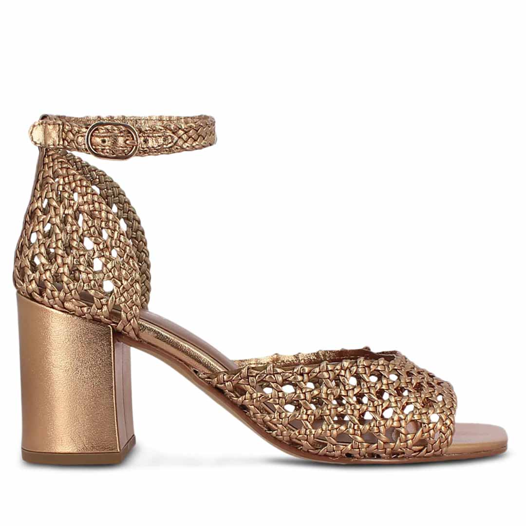 Saint Eibhlin Bronze Hand Woven Leather Block Heels - Elegant, artisan-crafted footwear with a touch of bronze, perfect for any occasion