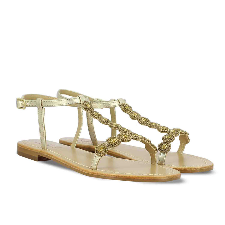 Adele Metallic Platinum Leather Sandals with Gold Embroidery - Elegant and stylish women's footwear for a touch of glamour.