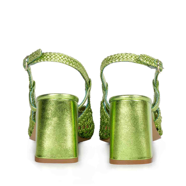 Saint Fabienne Green Metallic Hand Woven Leather Block Heels
