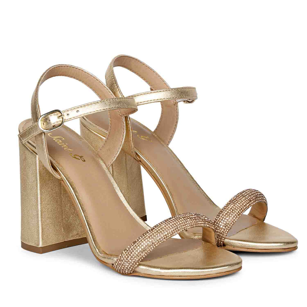 Saint Gracie Strass Embellished Metallic Gold Leather Block Heels