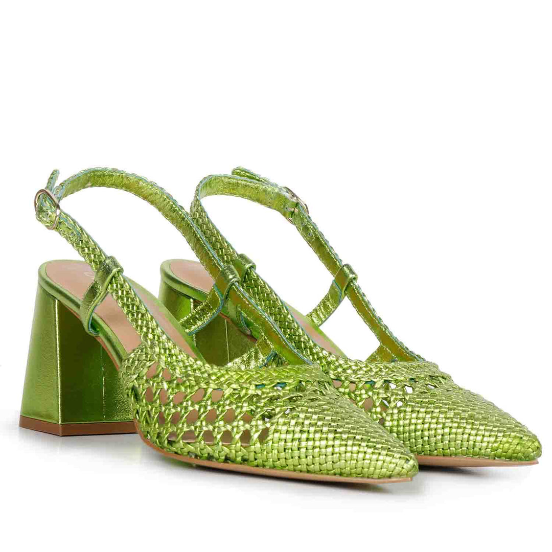 Step into glamour with Saint Fabienne's Green Metallic Block Heels,