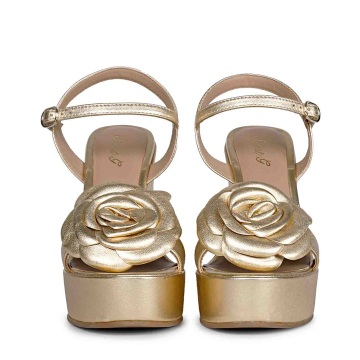 Saint Vanessa Gold Metallic Leather Floral Wedge Heels