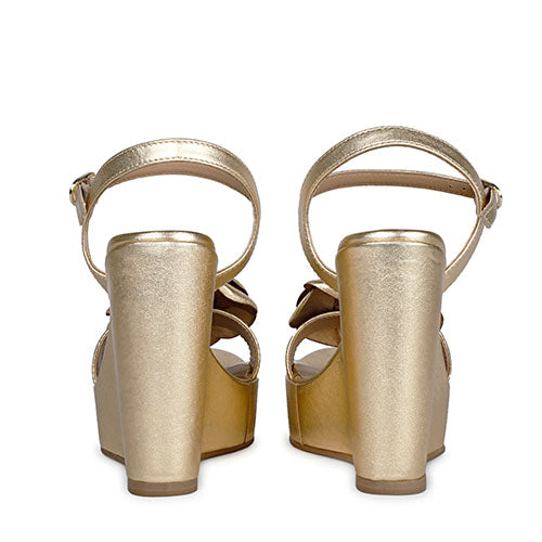 Saint Vanessa Gold Metallic Leather Floral Wedge Heels – SaintG India