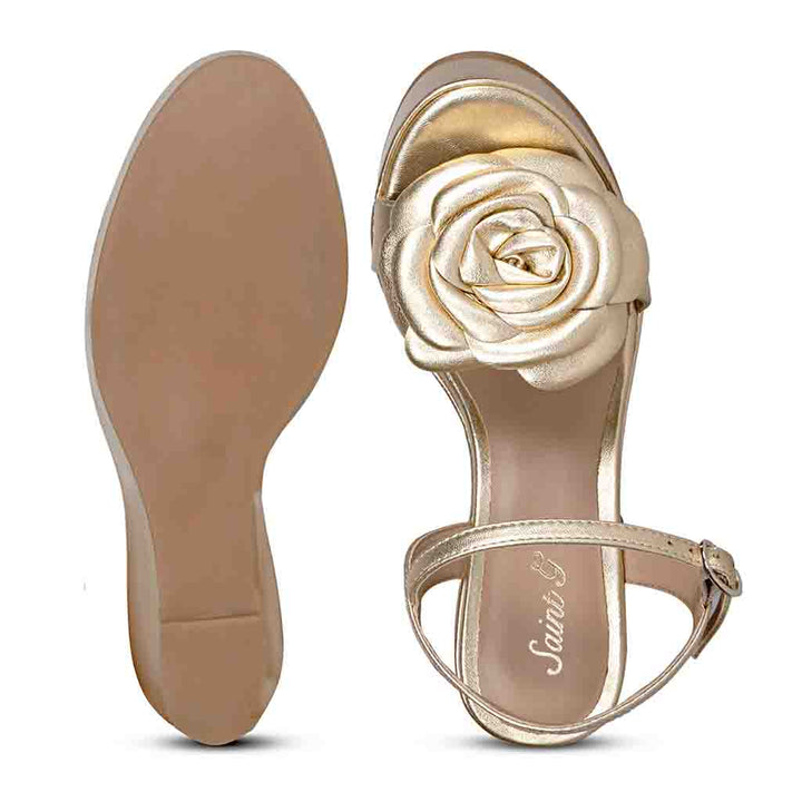 Saint Vanessa Gold Metallic Leather Floral Wedge Heels