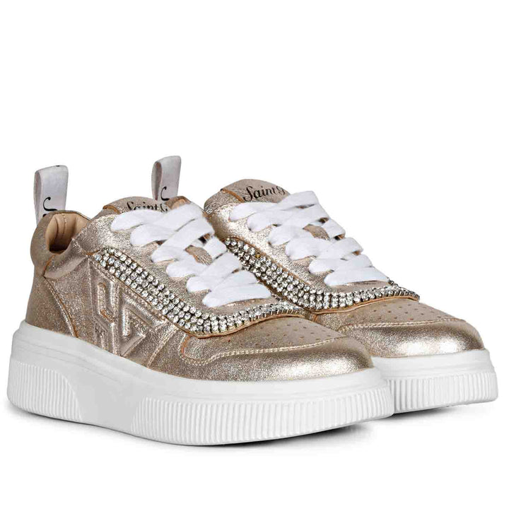 Saint Letitia Crystal Embellished Gold Metallic Leather Sneakers