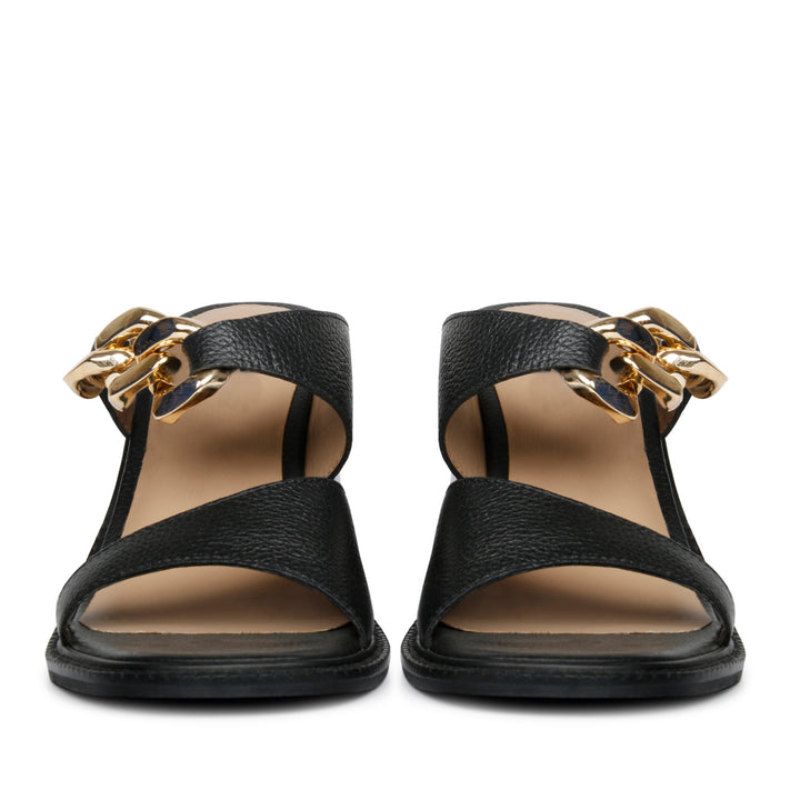 Saint Madrid Gold Chain Embellished Black Leather Block Heels