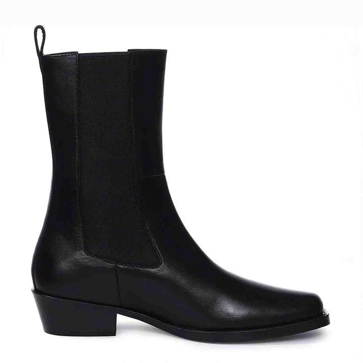 Saint Theresa High Ankle Black Leather Boots with Decorative Buckle – Stylish and chic footwear for a bold and confident look