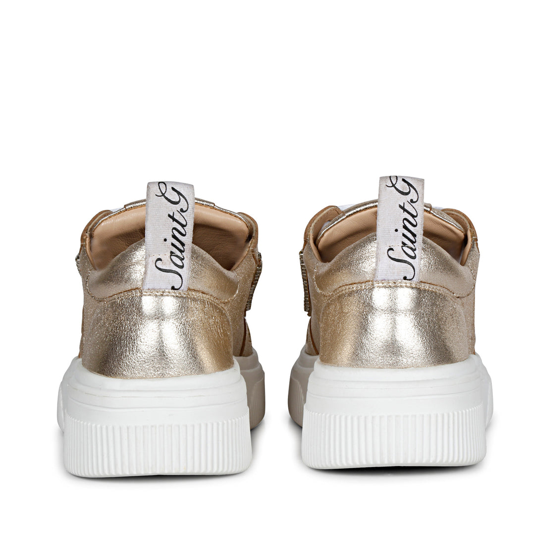 Trendy Crystal-Adorned Gold Leather Sneakers