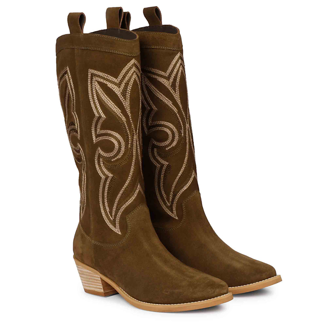 Khaki Stitched Leather Handcrafted Cowboy Boots for women