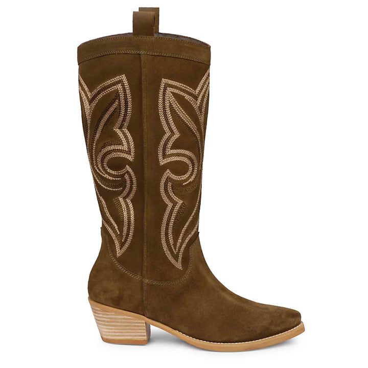 Khaki Stitched Leather Handcrafted Cowboy Boots for women
