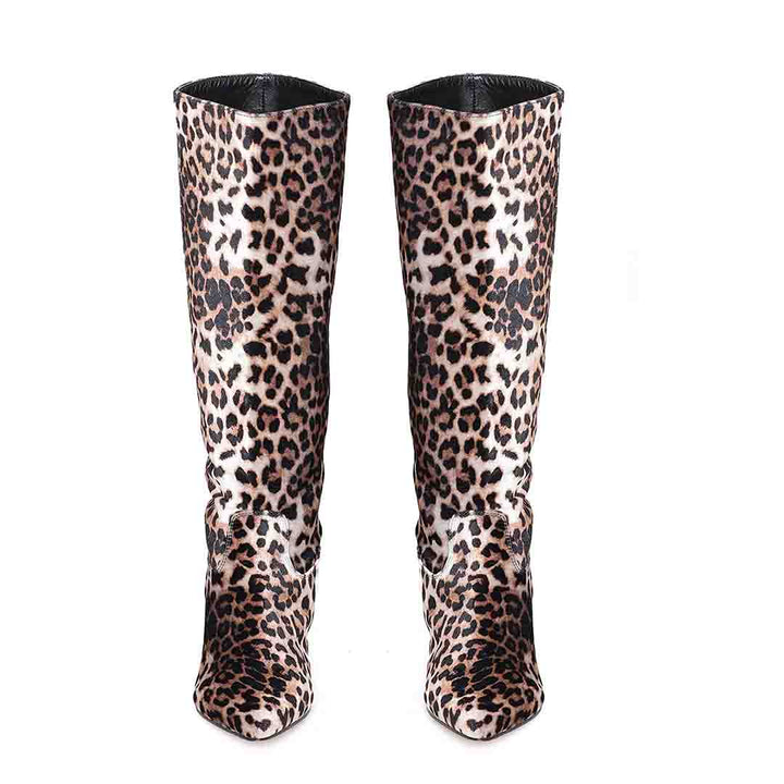 Saint Melissa Beige Leopard Print Stretch Fabric Calf Length Boot - SaintG