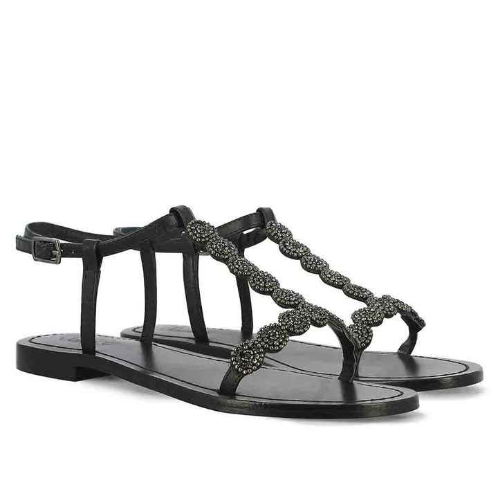 Adele Platin Leather Buckle Embroidery Flat Sandals
