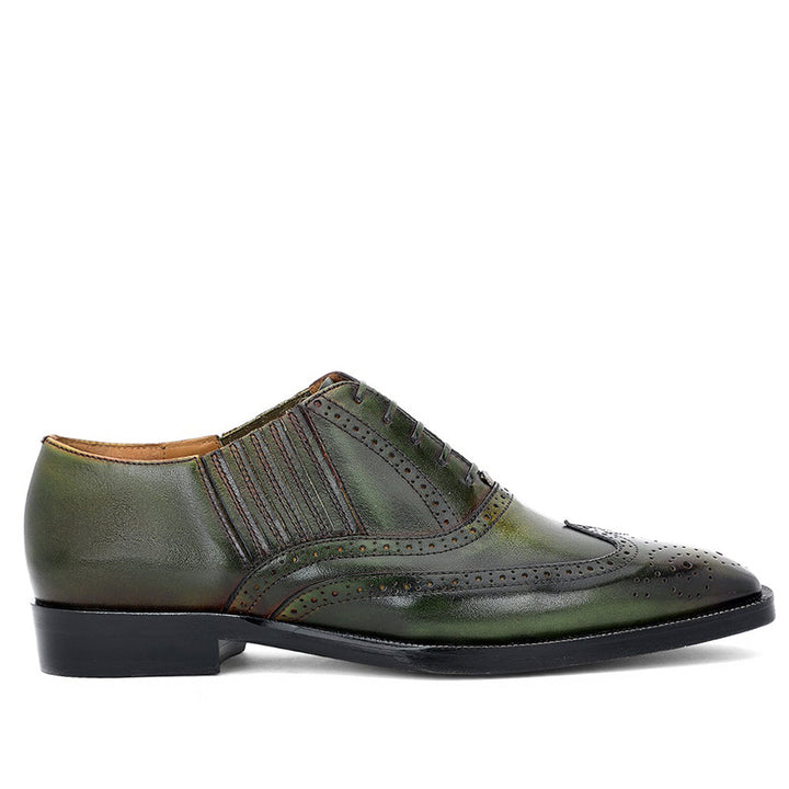 Olive Leather Square Toe Lace Up Décor Shoes for mens