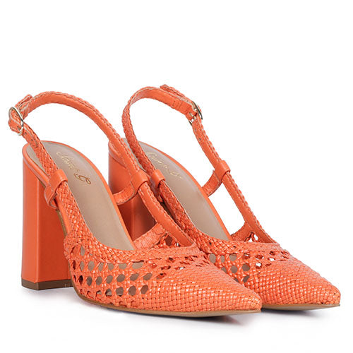 Saint Malea Orange Hand Woven Leather Block Heels