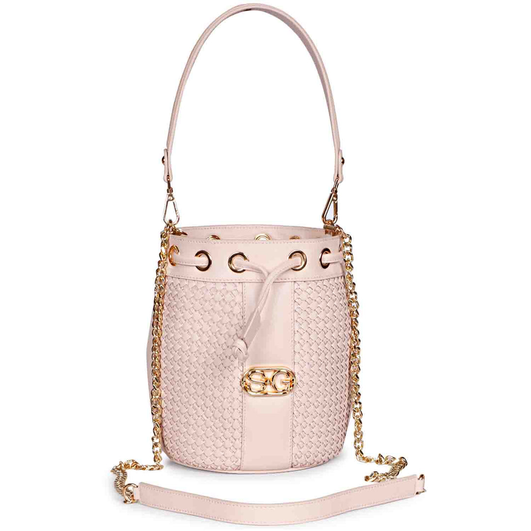 Halsey Pink Blush Hand Woven Leather Bucket Bags