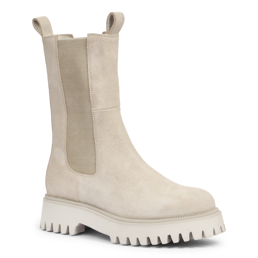 Chic and elegant Saint Paulina Ivory Suede Leather High Ankle Boots - a perfect blend of style and comfort for any occasion