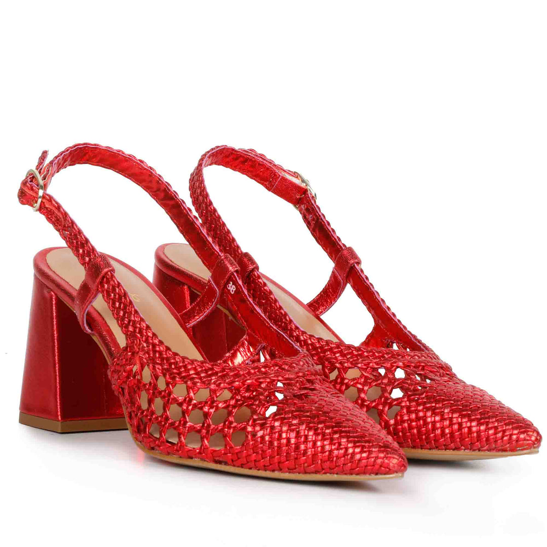 Saint Fabienne Red Metallic Hand Woven Leather Block Heels