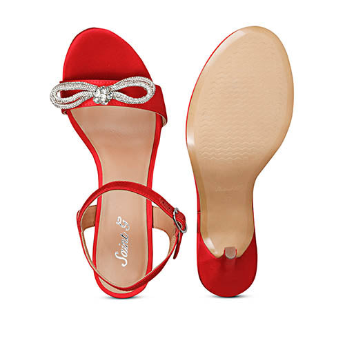 Chic red satin heels by Saint Hayden with crystal bow
