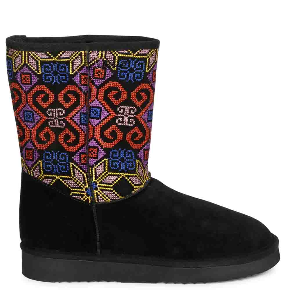 Saint Elaine Multi Embroidered Black Suede Snug Boots