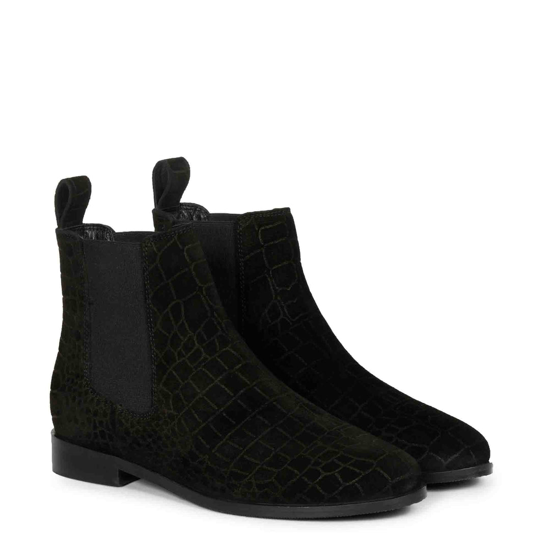 Diane Black Suede Croco Print Leather Ankle Boots