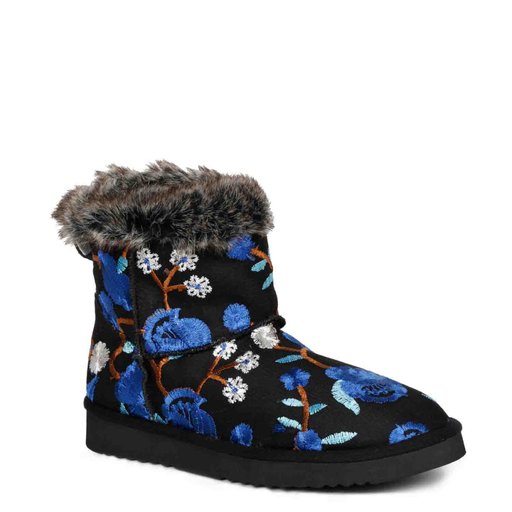 Suede leather snug boots with vibrant blue floral embroidery by Saint Clarisse