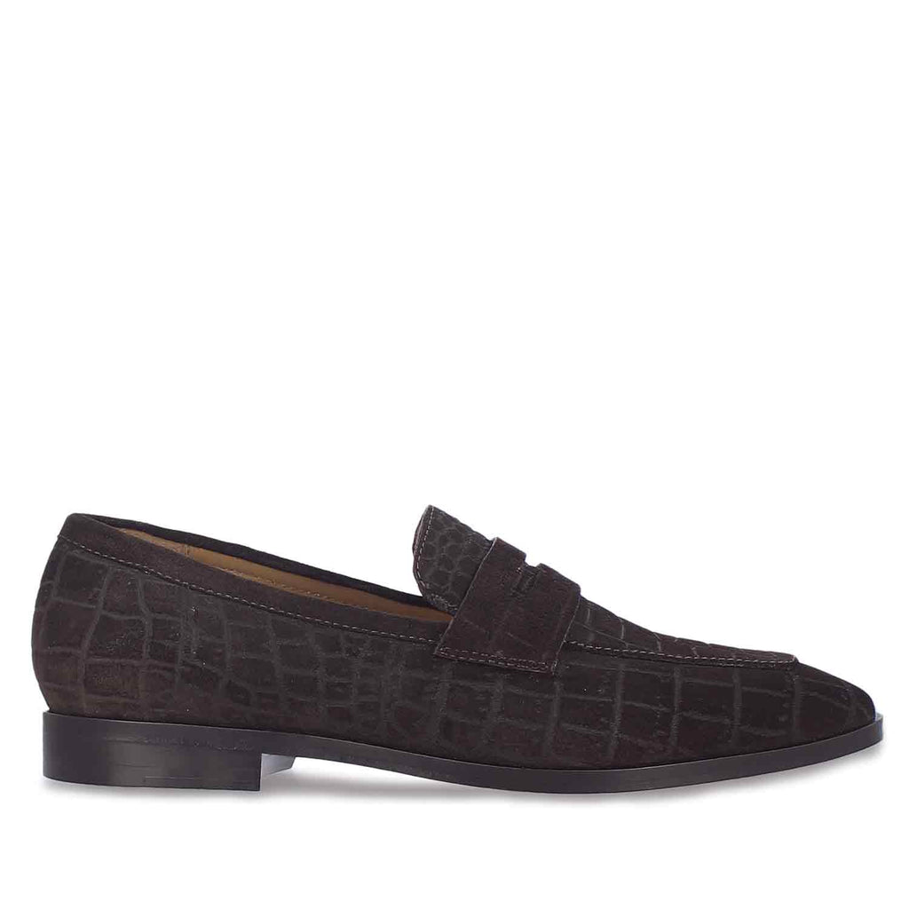 Saint Alessandro Brown Suede Croco Print Leather Loafers