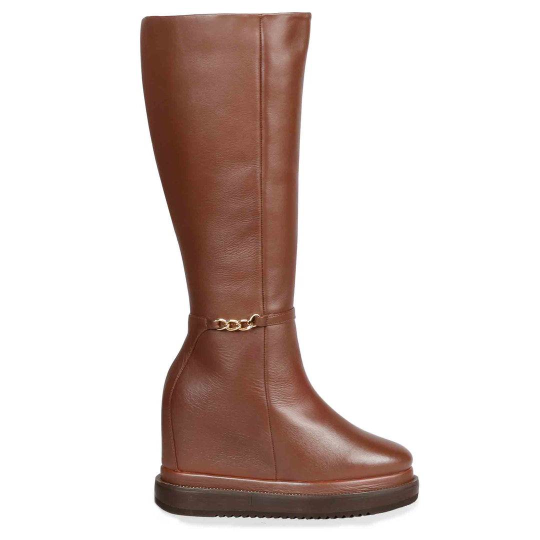 Saint Audrey Chain Décor Tan Leather Inside Wedge Heel Long Boots