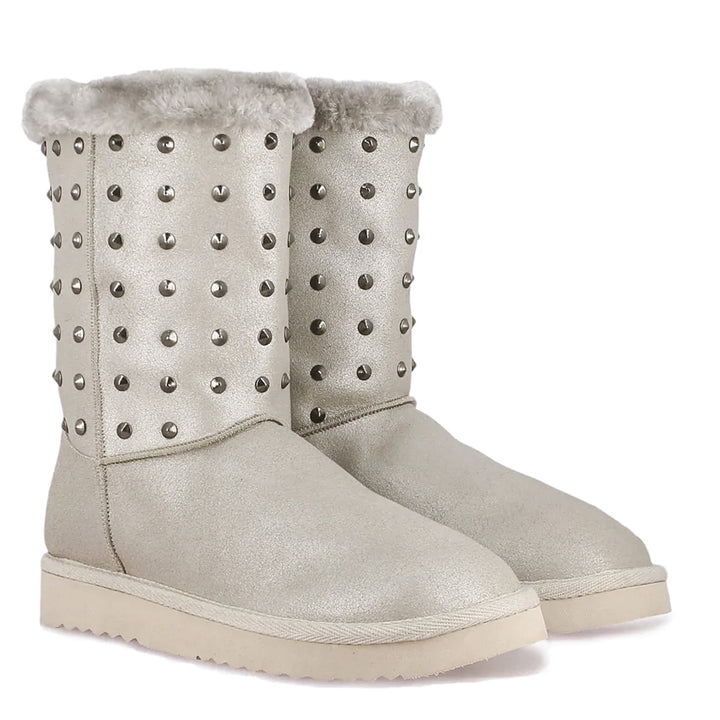 Saint Cassandra Silver Glitter Snug Boots with Metal Studs - Chic and comfy footwear for a stylish statement