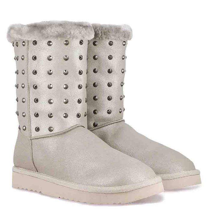 Saint Cassandra Silver Glitter Snug Boots with Metal Studs - Chic and comfy footwear for a stylish statement