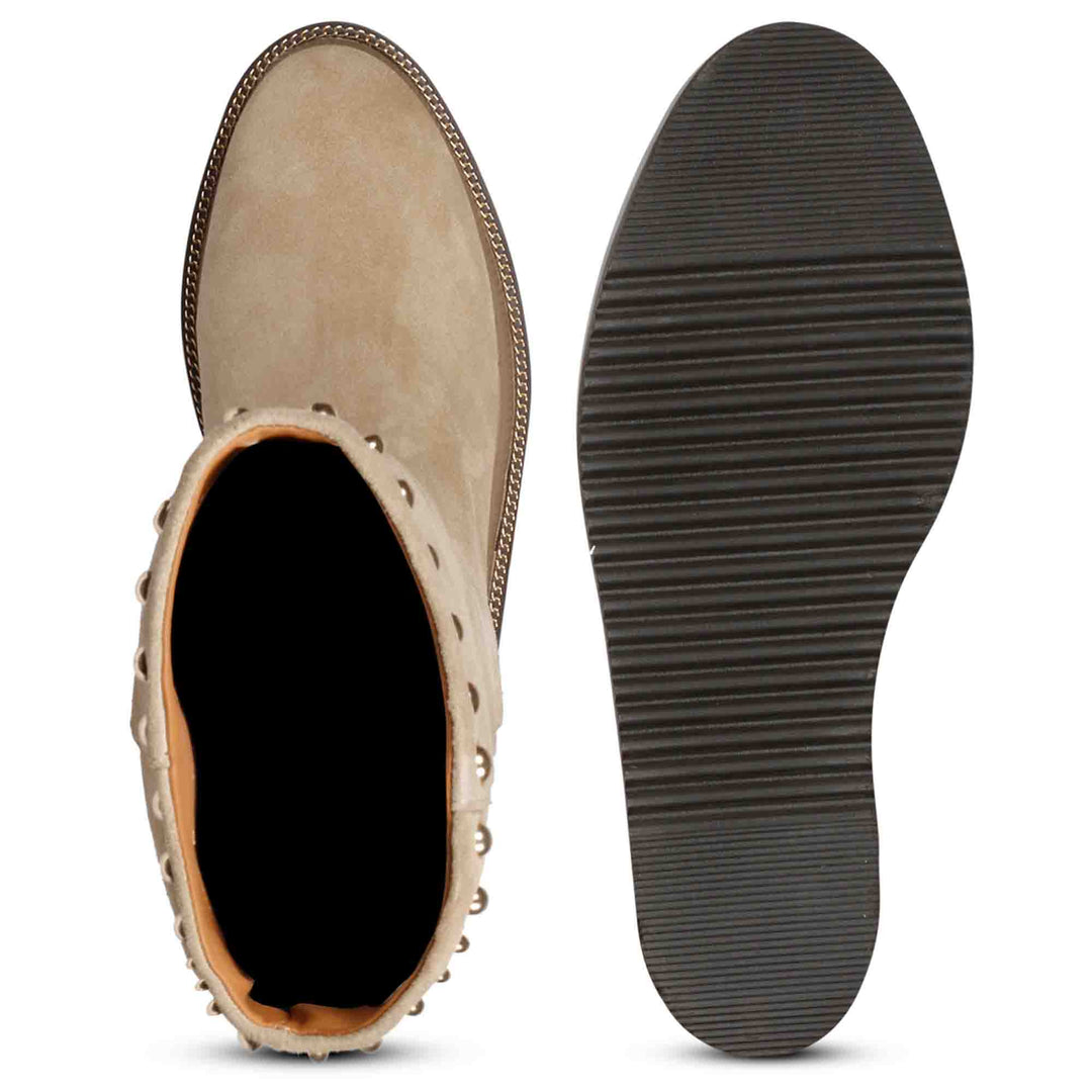 Saint Adelmo Metal Studs Ivory Suede Wedge Heel Long Boots
