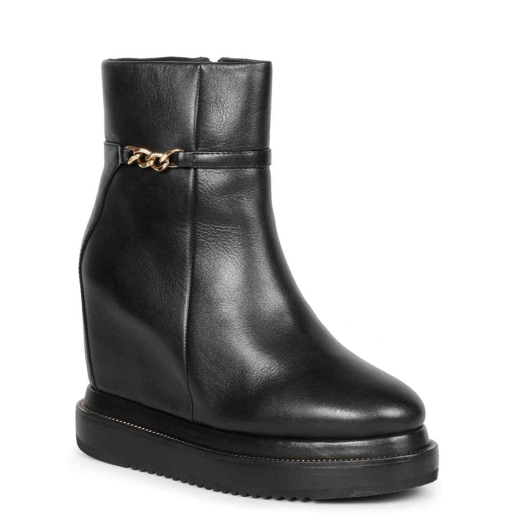 SAINT LIVIA women's fashion: Black leather wedge heel ankle boots