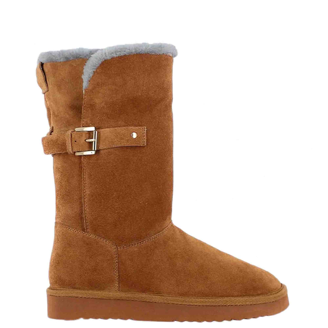 Chic Saint Aurelia Tan Suede Snug Boots with Buckle Detail - Stylish and comfortable leather footwear for a fashionable look
