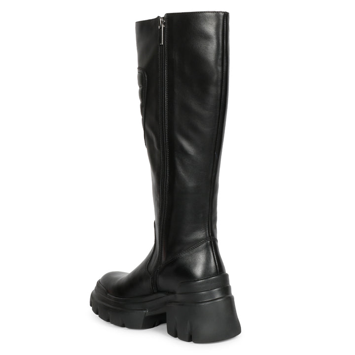 Saint Eloise black knee high boots, angled back view of lug sole