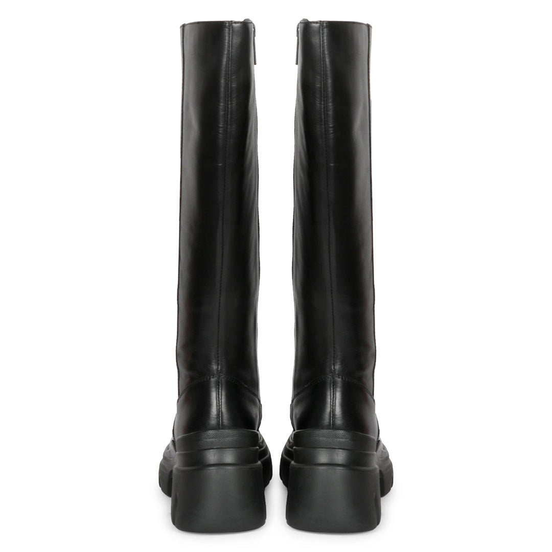 Saint Eloise black leather knee high boots, back pair view showing chunky lug sole