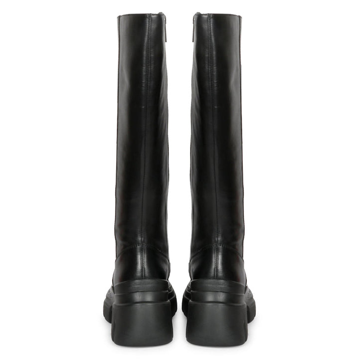 Saint Eloise black leather knee high boots, back pair view showing chunky lug sole