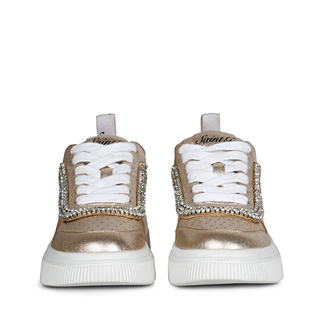 Trendy Crystal-Adorned Gold Leather Sneakers