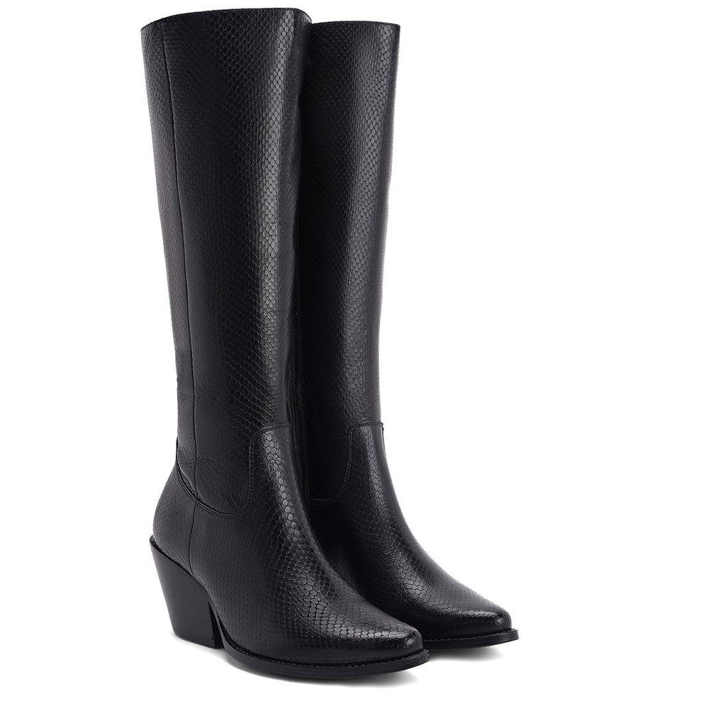 Saint Clochette Snake Embossed Black Leather Knee High Boots