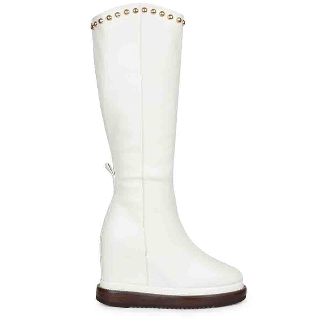Saint Adelmo Long Boots - Trendy White Leather with Metal Studs, featuring a chic wedge heel.
