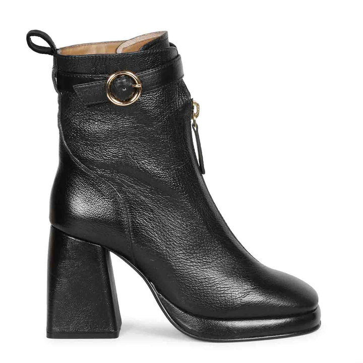 Sleek Saint Henriette Black Leather High Ankle Boots with Front Zipper - Stylish and versatile footwear for a bold fashion statement