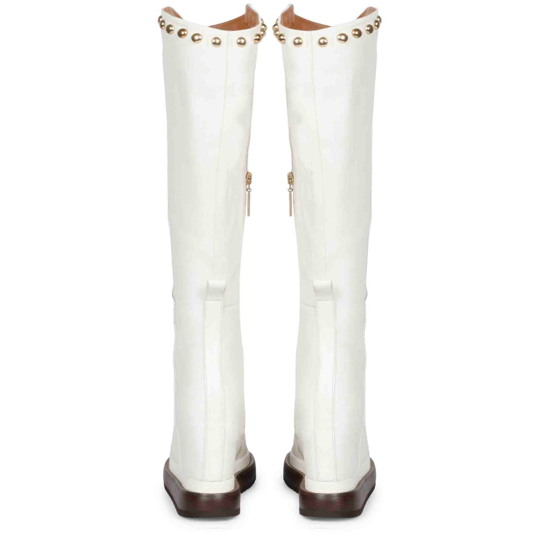 Saint Adelmo Metal Studs White Leather Wedge Heel Long Boots