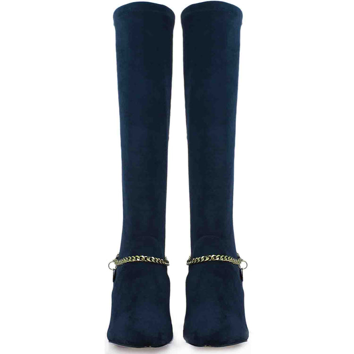 Saint Idalia Navy Stretch Suede Golden Chain Knee High Long Boots