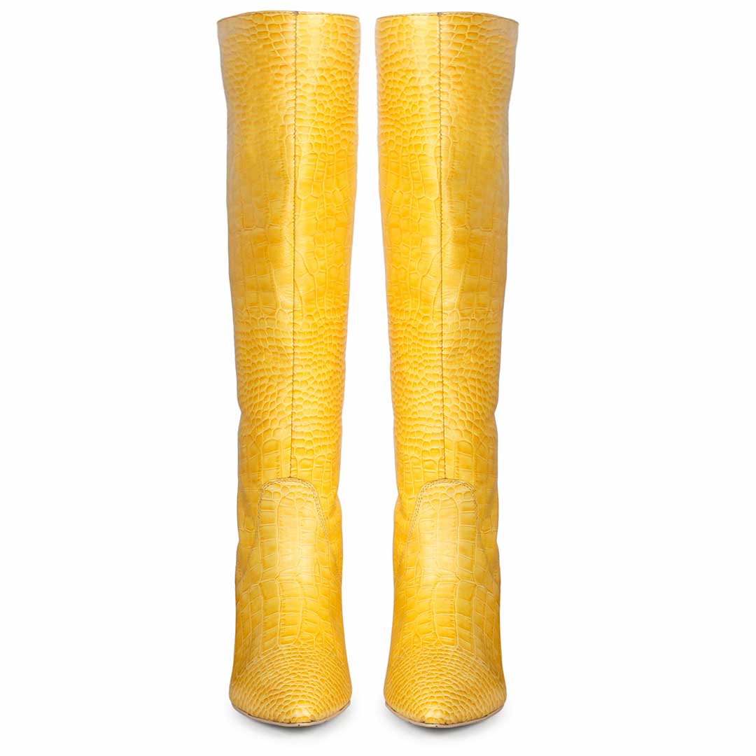 Saint Adella Croco Embossed Yellow Leather Long Boots