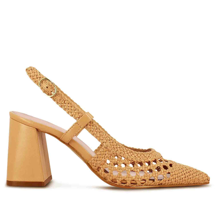 Saint Delaney Ocra: Hand-woven leather block heels, a perfect blend of style and comfort.
