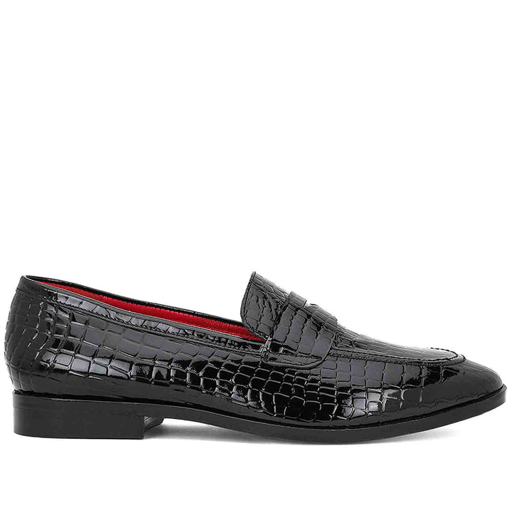 Croco Embossed Black Leather Moccasins for mens