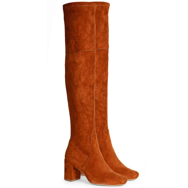 Saint Luisa Tan Stretch Suede Above The Knee Boots - SaintG India