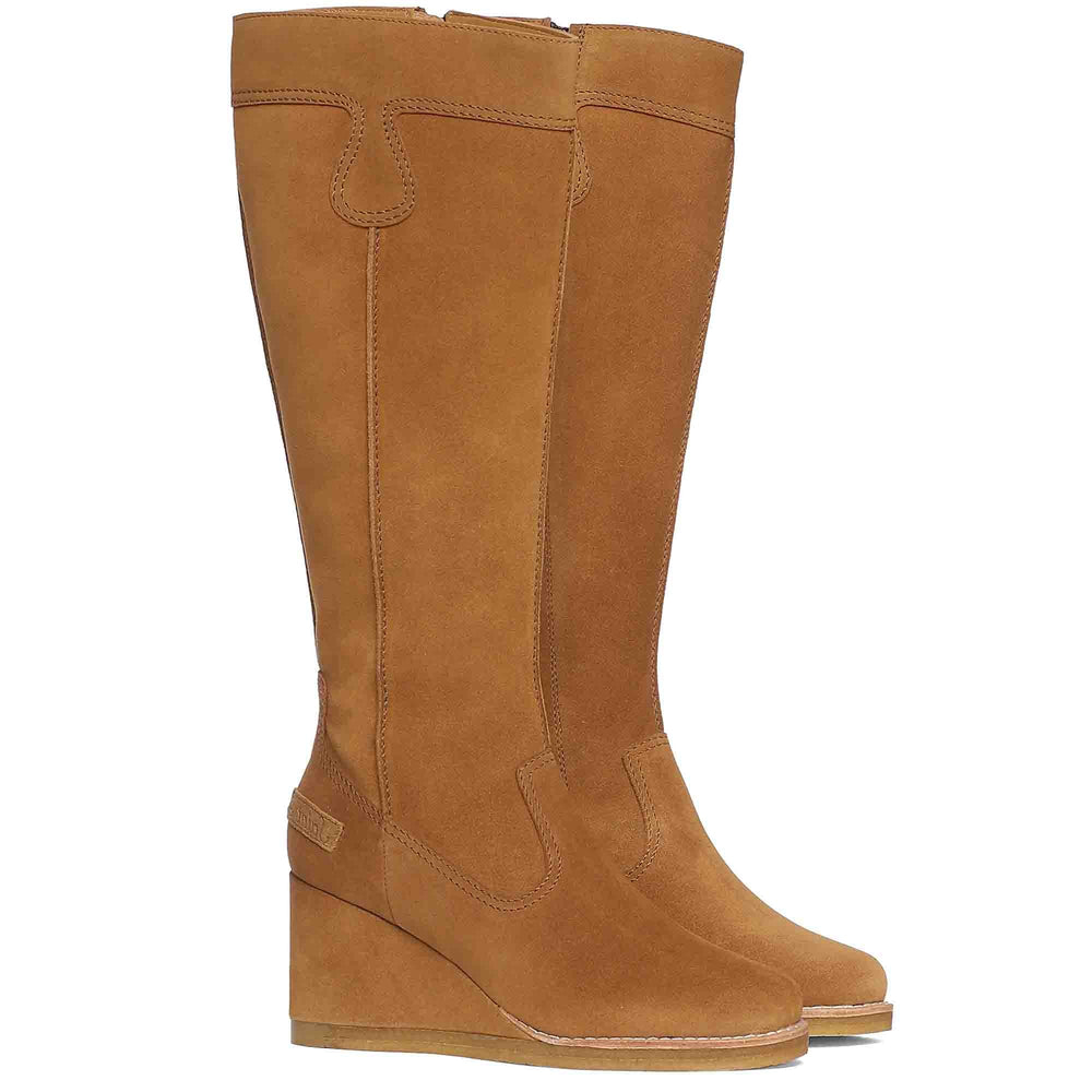 Chic Saint Carina Camel Suede Leather Knee High Wedge Heel Boots – Elevate your style with these fashionable knee-high boots in luxe camel suede