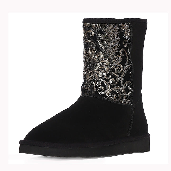 "Saint Corah Sequins Black Snug Boots: Stylish and comfortable women's footwear with sequin embellishments for a touch of glam."