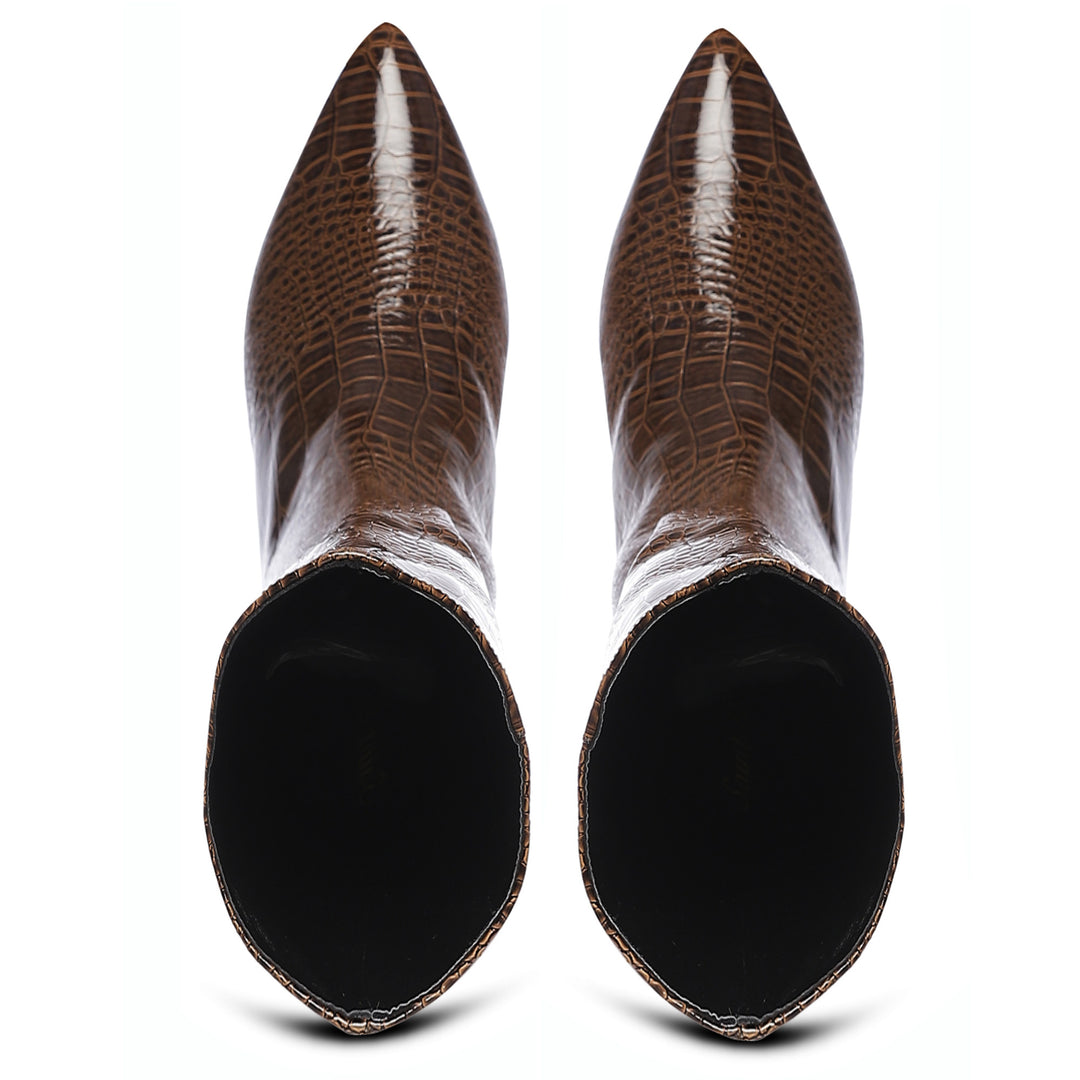 Saint Enora Croco Embossed Brown Calf Length Boots